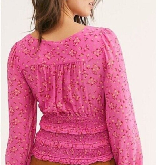 Free People Pink Peasant Top Smocked size S - Picture 2 of 8